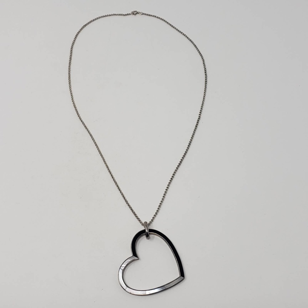 Sterling Silver Heart Pendant MOP Onyx Necklace - Picture 3 of 7